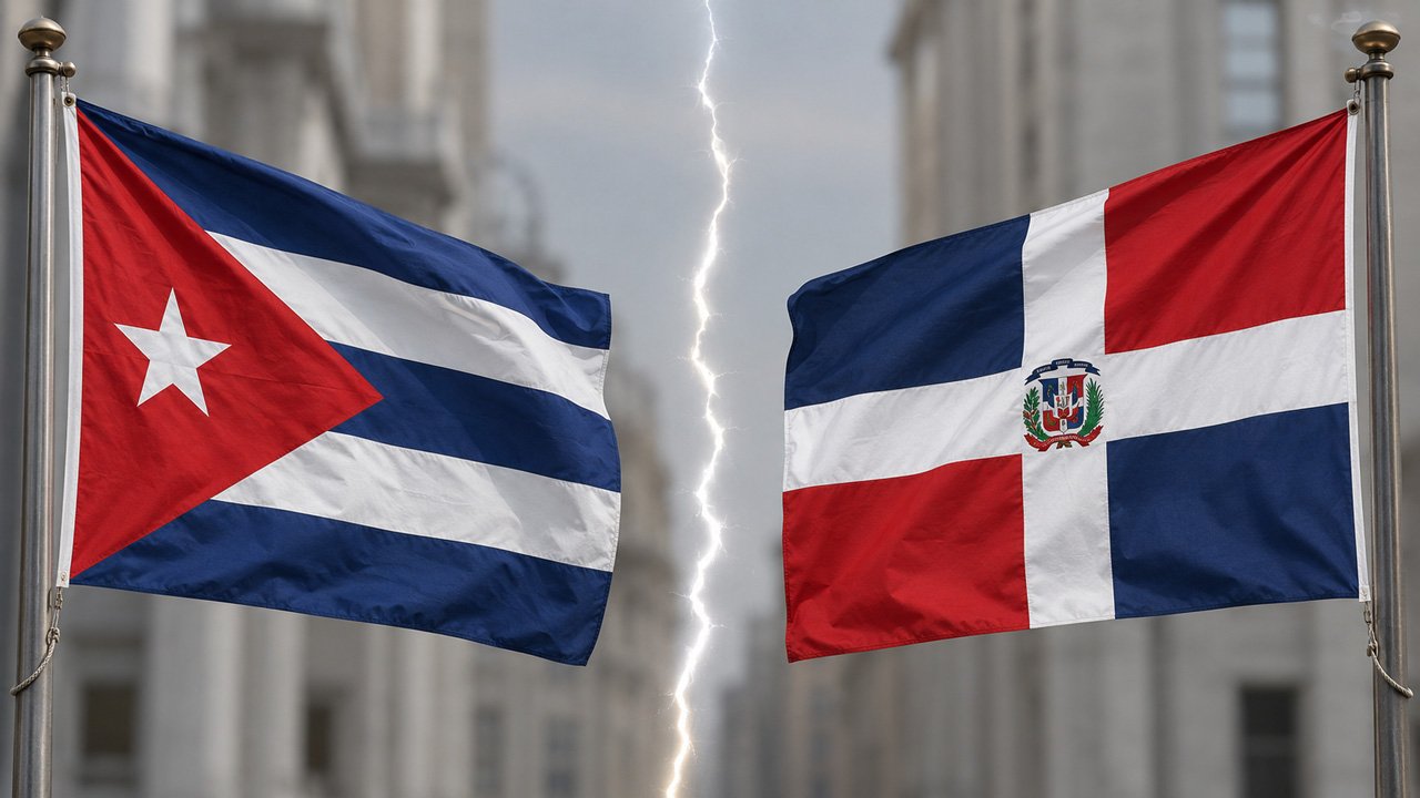Camión de mudanzas de madrugada frente a un edificio diplomático con banderas de Cuba y República Dominicana tras el ultimátum a los diplomáticos cubanos en Santo Domingo