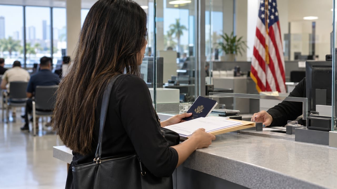 Persona entrega documentos migratorios para renovar la licencia de conducir en Miami con el I-485 pendiente
