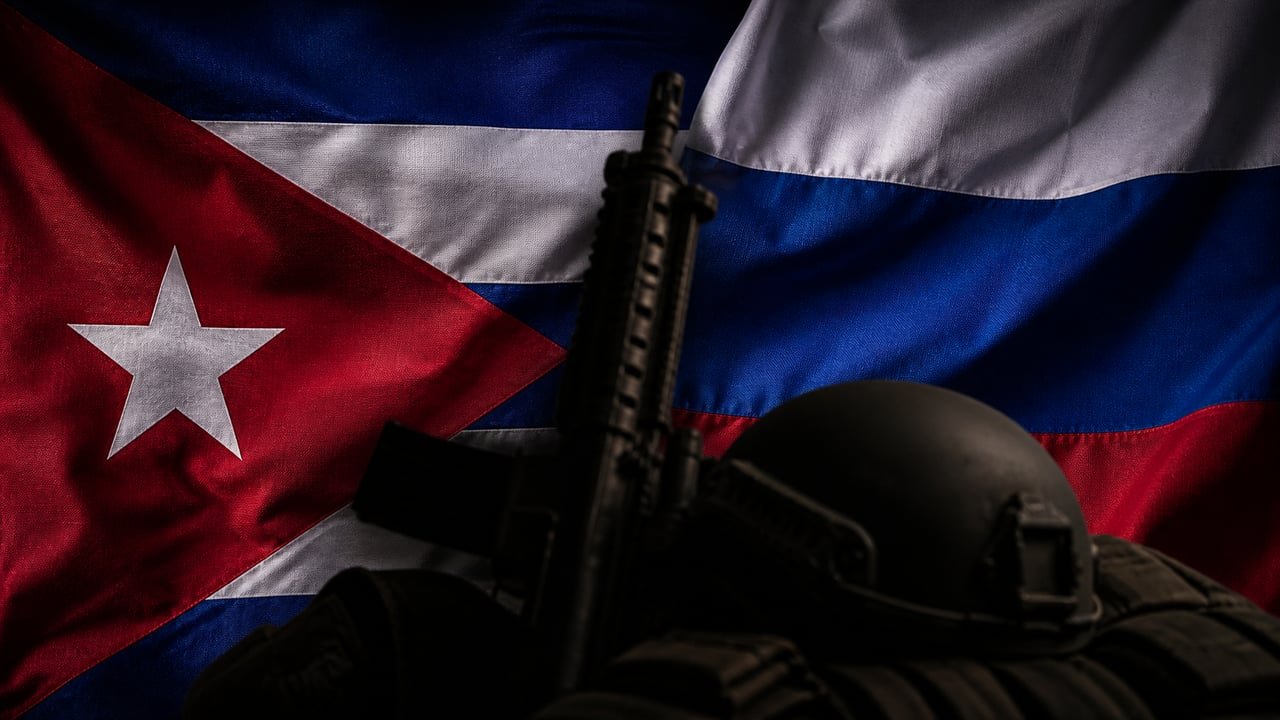 Banderas de Cuba y Rusia junto a un arma genérica que simboliza el reclutamiento militar de cubanos