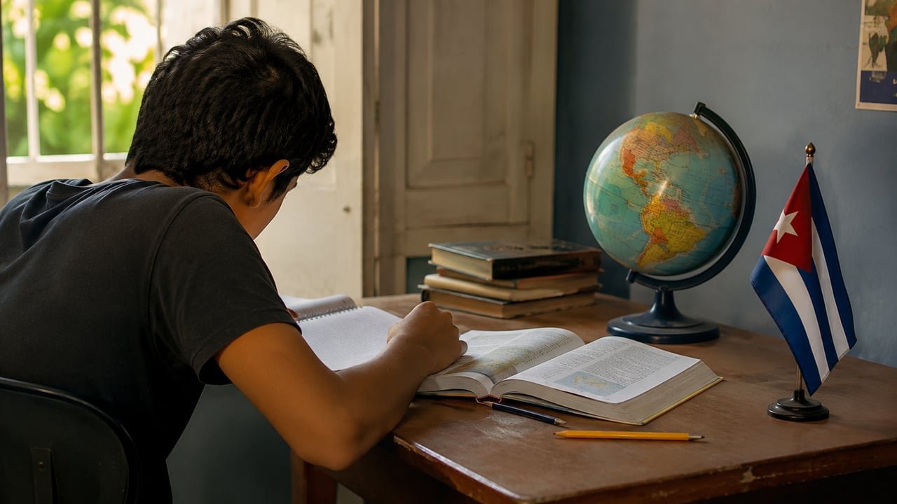 Adolescente cubano estudiando con libros y un globo terráqueo, símbolo de las becas UWC Cuba para el Bachillerato Internacional