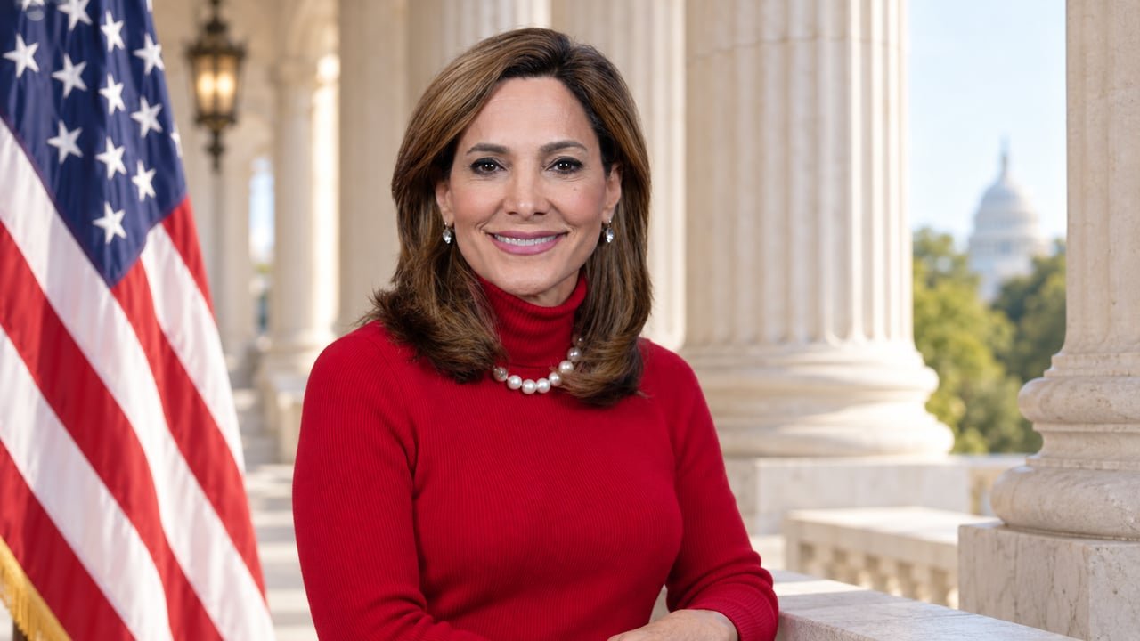 María Elvira Salazar, impulsora de la Ley Dignidad para inmigrantes en Estados Unidos, en un entorno institucional de Washington con la bandera estadounidense