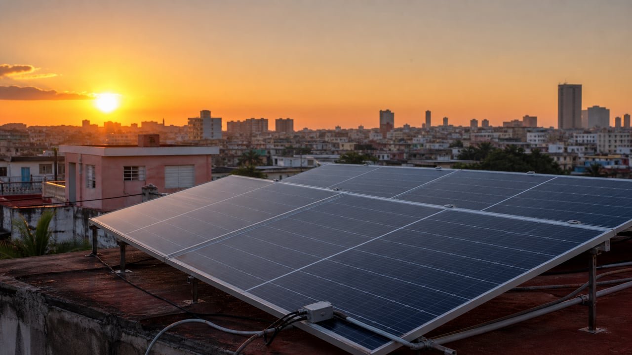 Paneles solares en el techo de una vivienda en La Habana, Cuba, listos para vender el excedente de electricidad al SEN