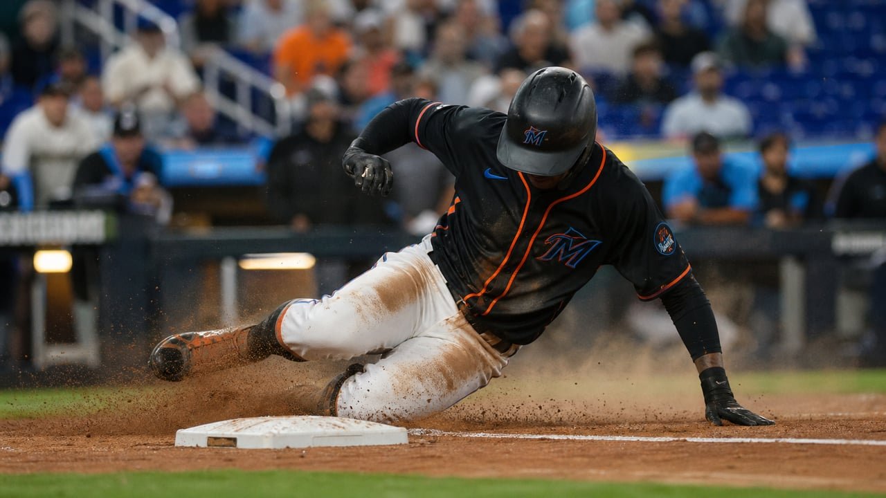 Jugador de los Marlins de Miami en una jugada de out durante el partido en que el equipo llegó a su récord de doce derrotas consecutivas