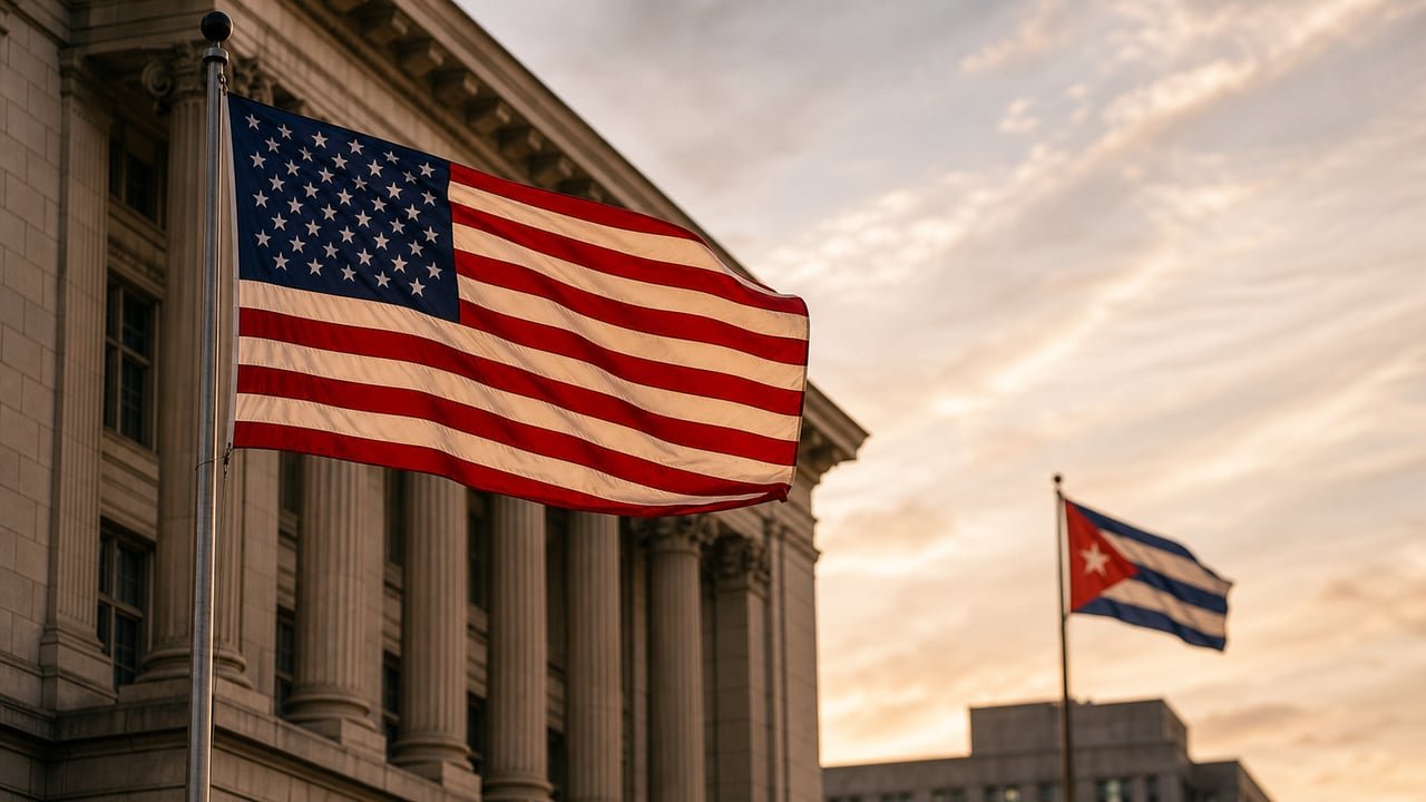 Banderas de Estados Unidos y Cuba ante un edificio institucional, ilustrando el informe del Departamento de Estado sobre espionaje cubano en Estados Unidos