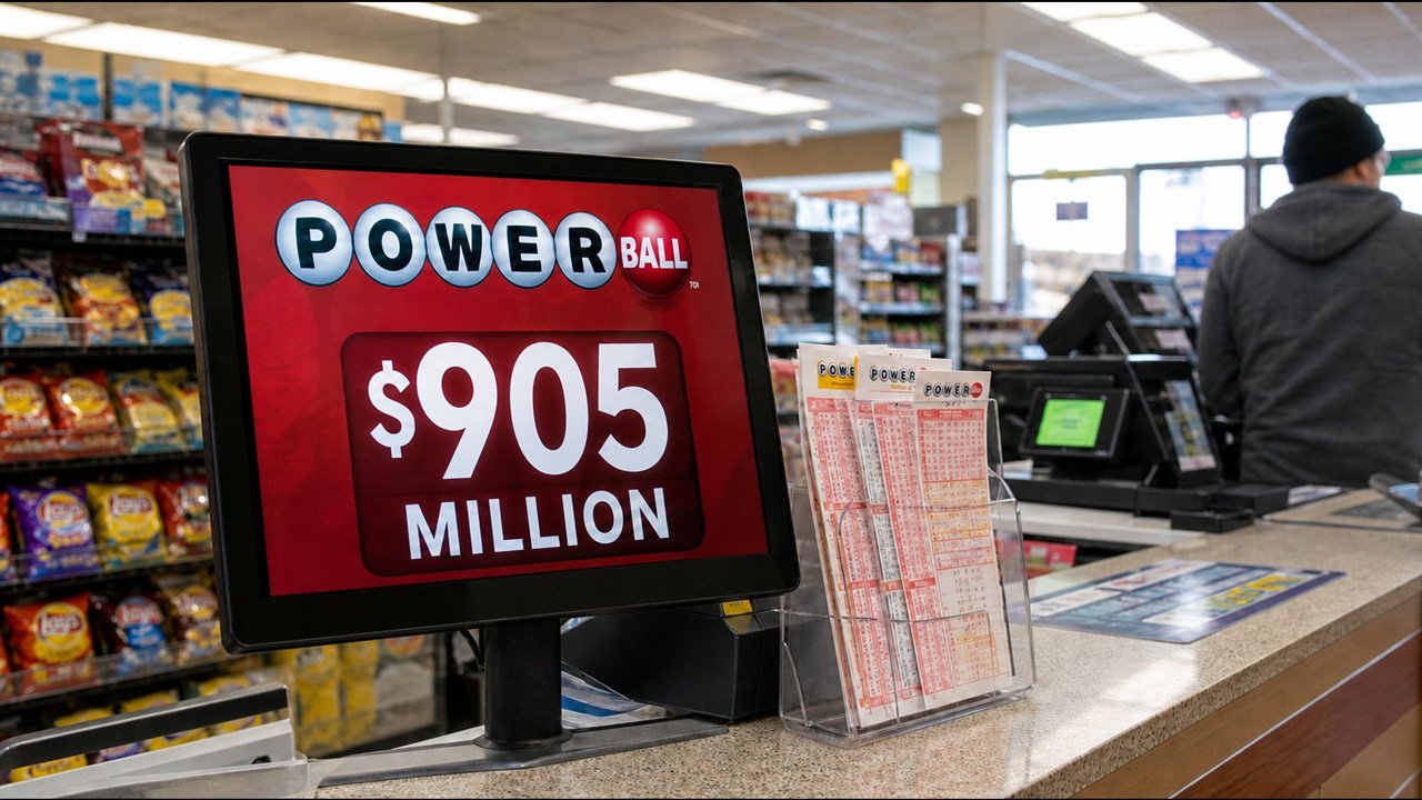 Cartel de Powerball con el premio millonario de $905 millones en una tienda de Florida