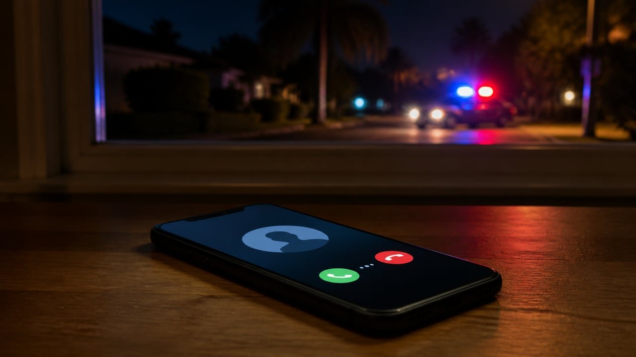 Teléfono celular con llamada entrante y luces de patrulla policial desenfocadas de fondo en Florida, alerta sobre las falsas llamadas de la policía