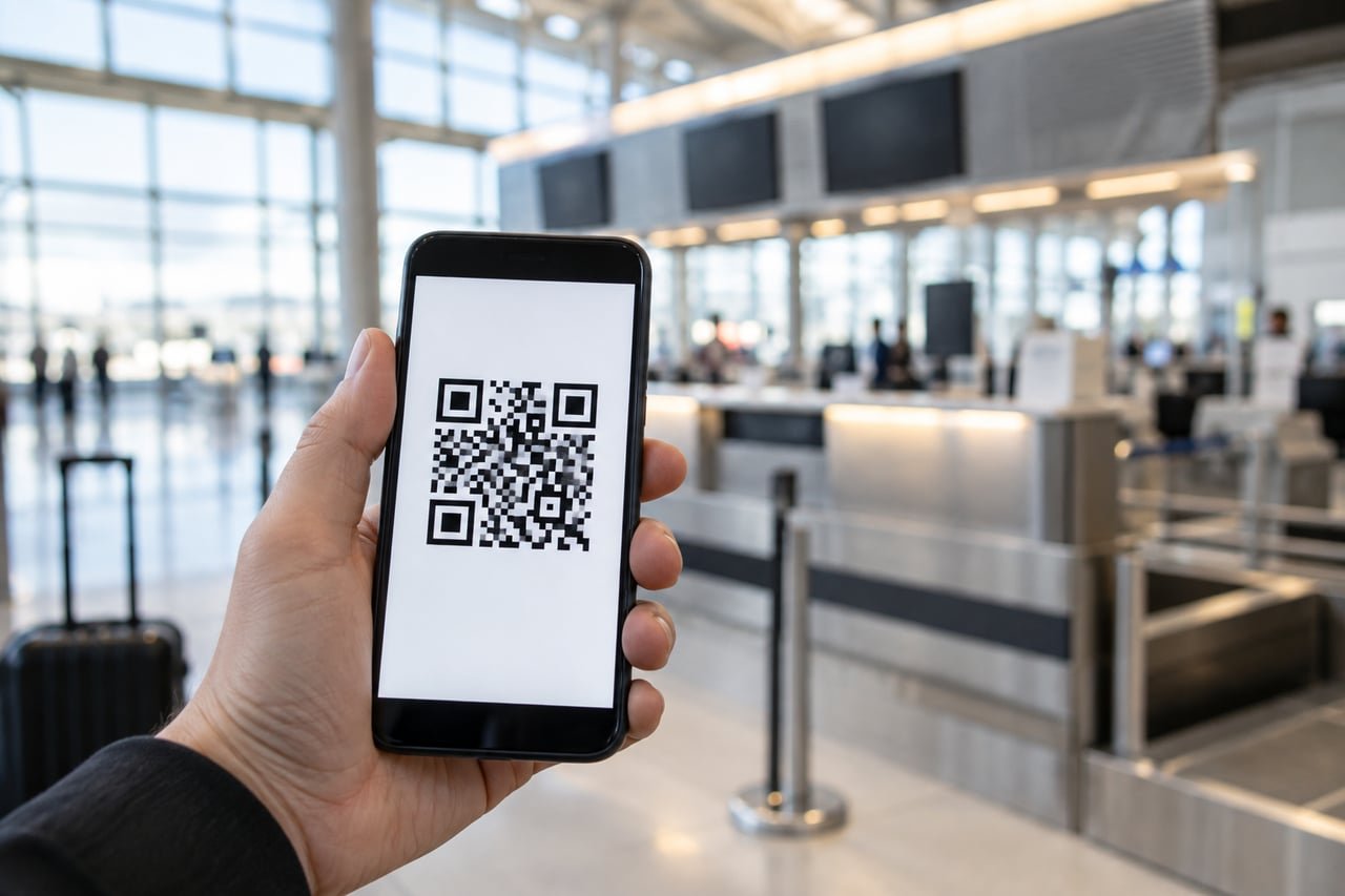 Turista mostrando un código QR en el móvil en el control de un aeropuerto para entrar a Cuba en 2026