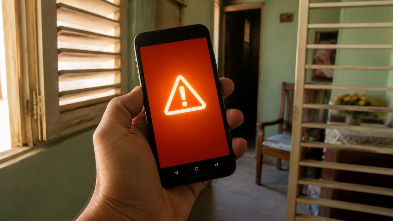 Mano sostiene un teléfono Android con una alerta de terremoto en la pantalla dentro de una vivienda en Cuba