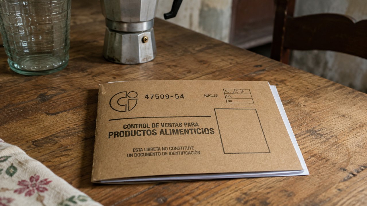 Libreta de abastecimiento cubana abierta mostrando el registro mensual de productos normados