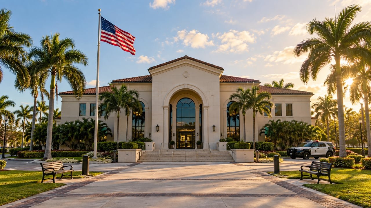 Ayuntamiento de Hialeah con bandera de Estados Unidos, ciudad que aprobó su presupuesto de 514 millones para 2026-2027