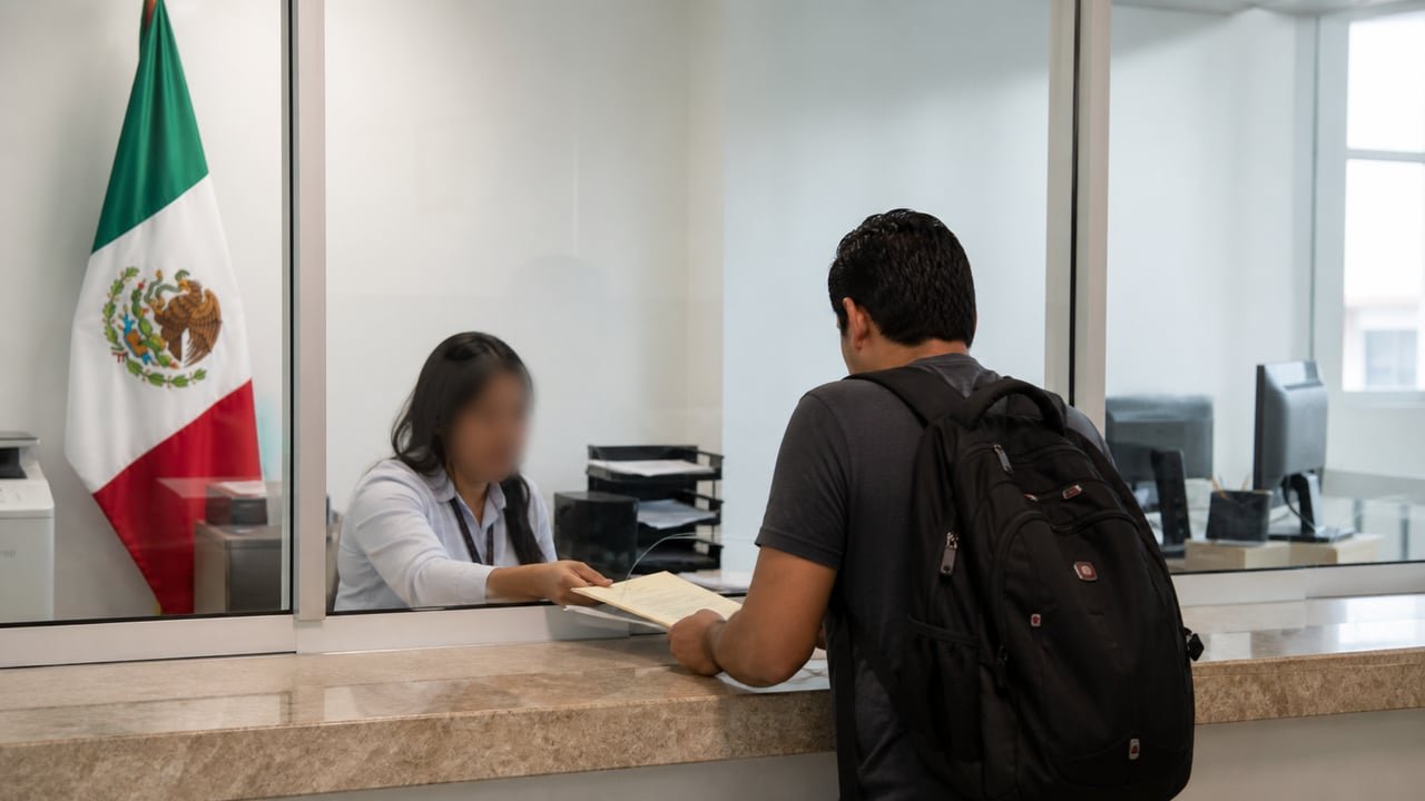 Ventanilla de una oficina de trámites migratorios en México con la bandera mexicana, donde los cubanos gestionan su regularización ante el INM