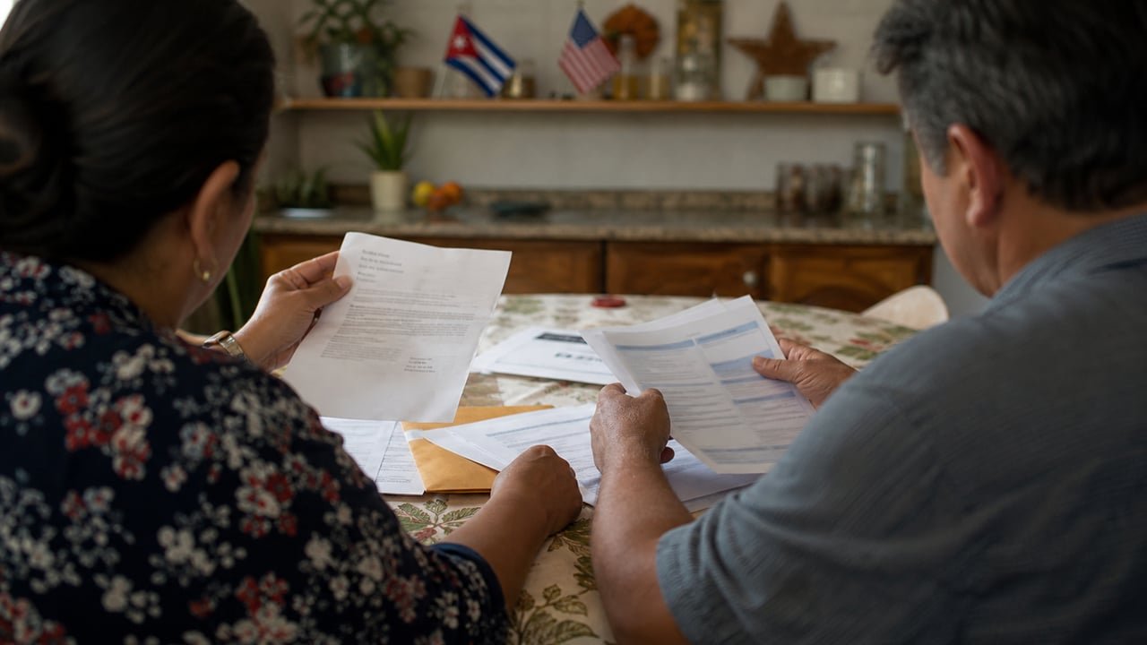 Familia cubana revisa documentos migratorios de USCIS y prueba de ADN en Estados Unidos junto a banderas de Cuba y EE. UU.