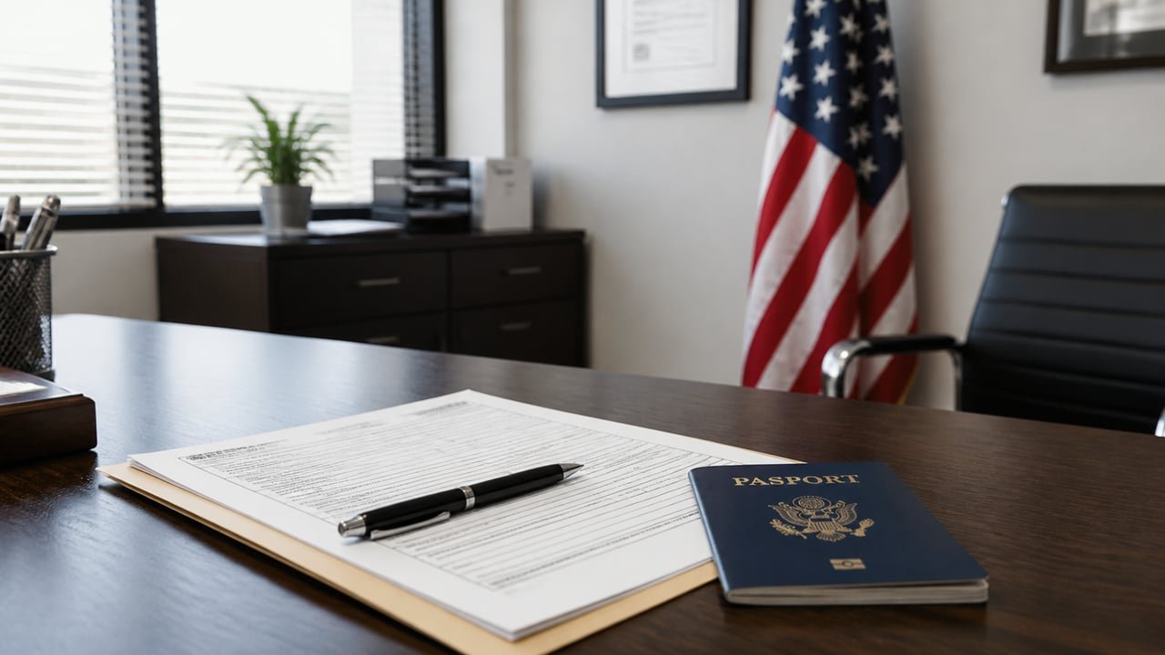 Pasaporte y formulario de visa H-1B sobre un escritorio con la bandera de Estados Unidos de fondo, ilustrando la nueva tarifa de 103.265 dólares propuesta por el DHS