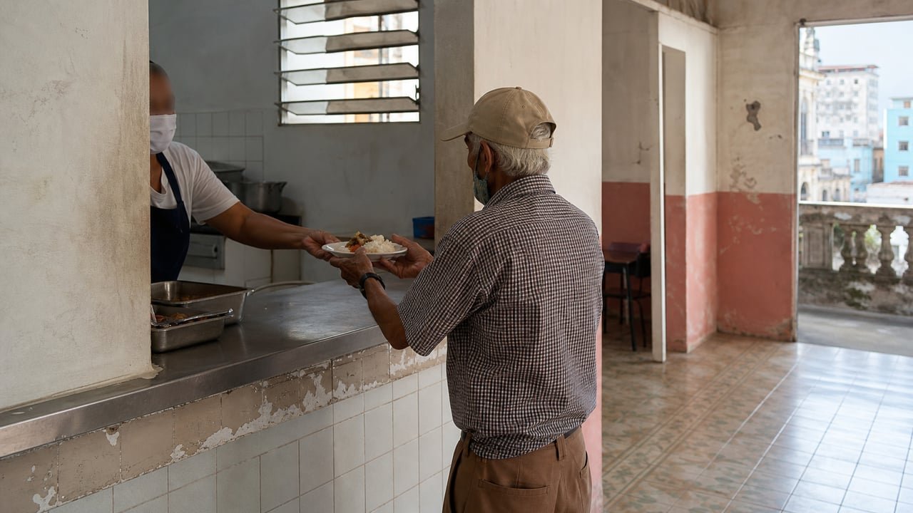 Anciano cubano recibe un plato de comida en un comedor del SAF, ahora abierto a gestión privada en Cuba
