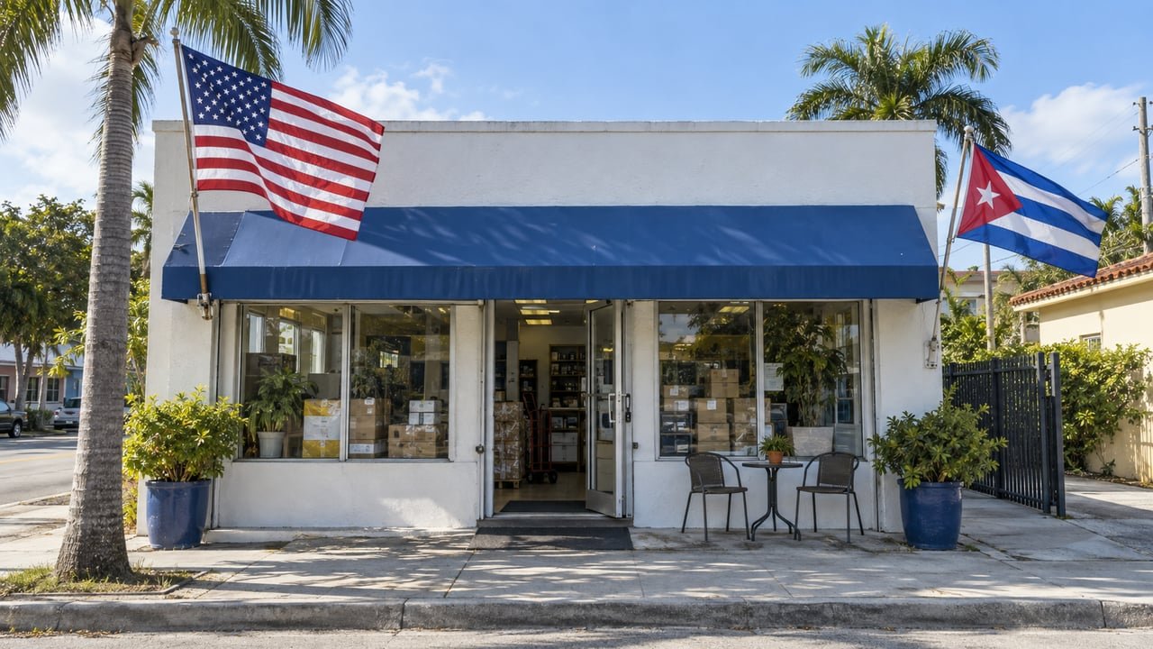 Fachada de un negocio en Miami-Dade con banderas de Cuba y Estados Unidos, en referencia a la declaración obligatoria sobre vínculos comerciales con Cuba
