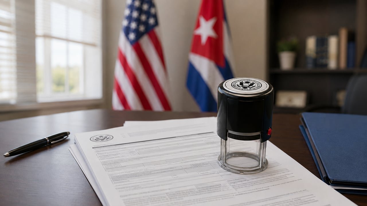 Formulario N-400 de naturalización sobre un escritorio con banderas de Cuba y Estados Unidos, símbolo de la revisión de desnaturalización de la ciudadanía americana por USCIS a cubanos
