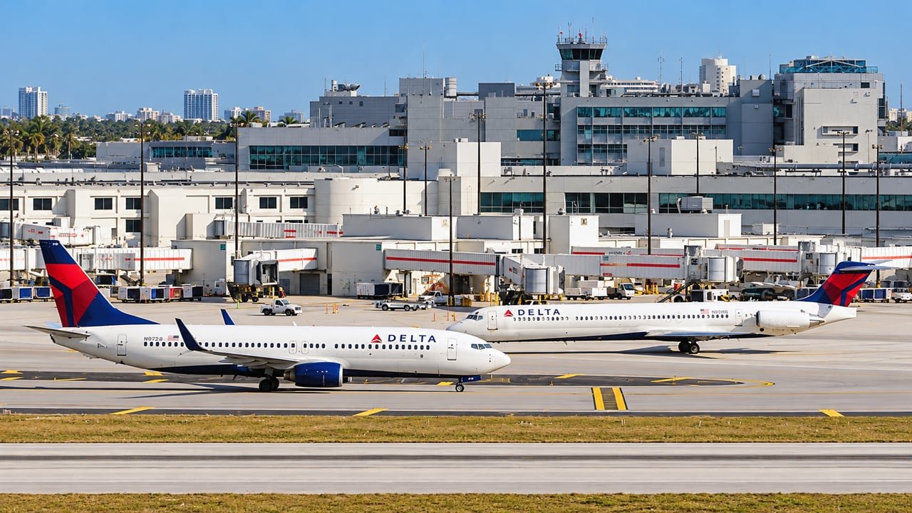 Avión de Delta Air Lines en el Aeropuerto Internacional de Miami, en referencia a los despidos y la demanda por los vuelos a La Habana