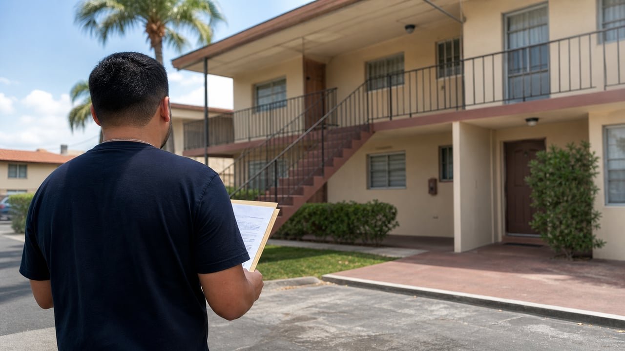 Vecino con documentos frente a un edificio residencial de Hialeah durante la apertura de la lista de espera de Sección 8