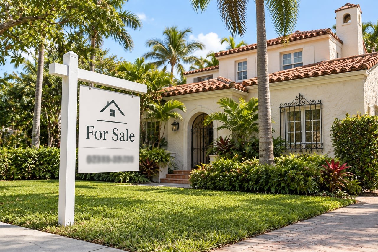 Cartel inmobiliario 'For Sale' en el jardín de una casa de Miami, ilustrando la subida de las hipotecas en EE. UU.