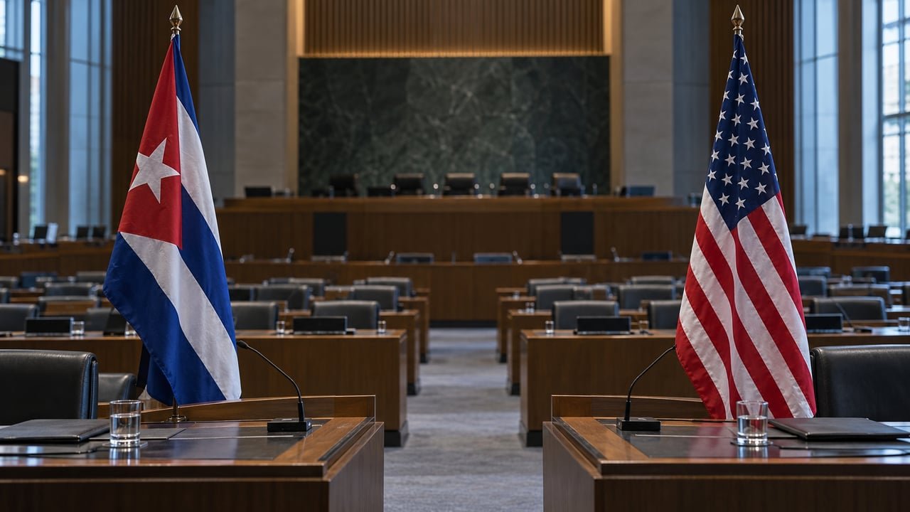 Banderas de Cuba y Estados Unidos en una sala de asamblea institucional, escenario del choque diplomático en la ONU entre las delegaciones de ambos países