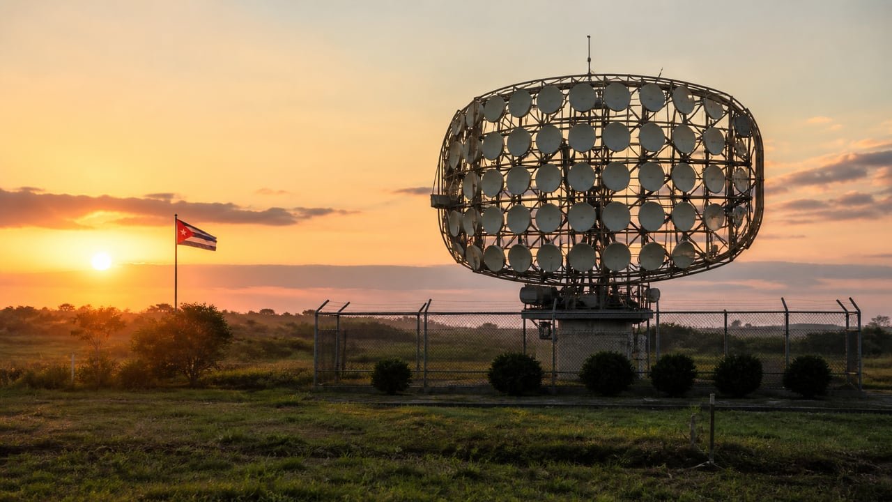 Antena circular de comunicaciones en un campo rural de Cuba, en referencia a las acusaciones sobre centros de espionaje chinos en la isla