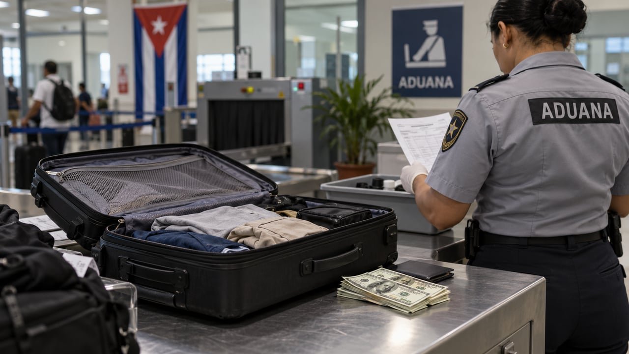Control de la Aduana de Cuba revisa una maleta con dólares por excedentes de equipaje
