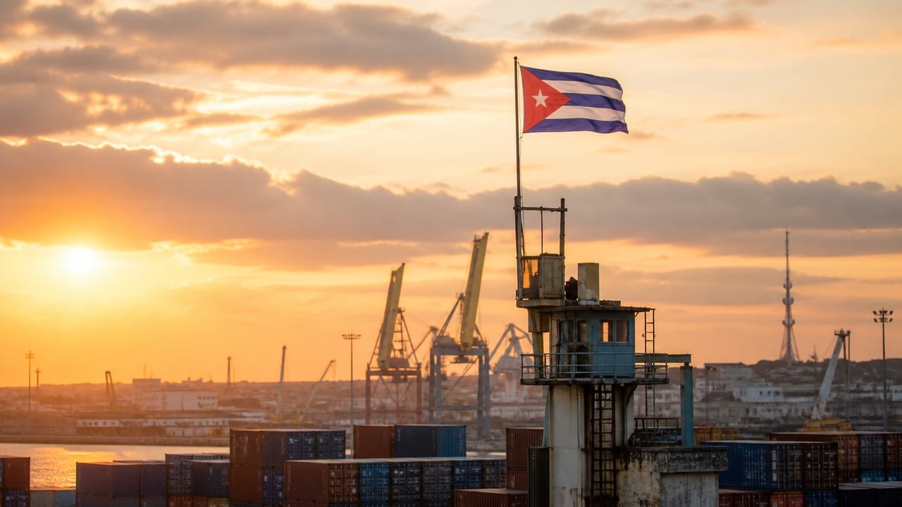 Puerto cubano con grúas, contenedores y una antena de comunicaciones bajo la bandera de Cuba, sobre la alerta del Comando Sur por GAESA y China