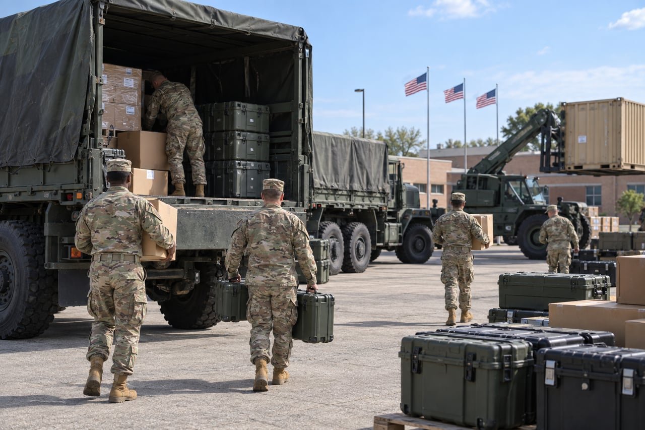 Soldados del Ejército de EE. UU. cargando equipo médico y de ingeniería en camiones militares en una base