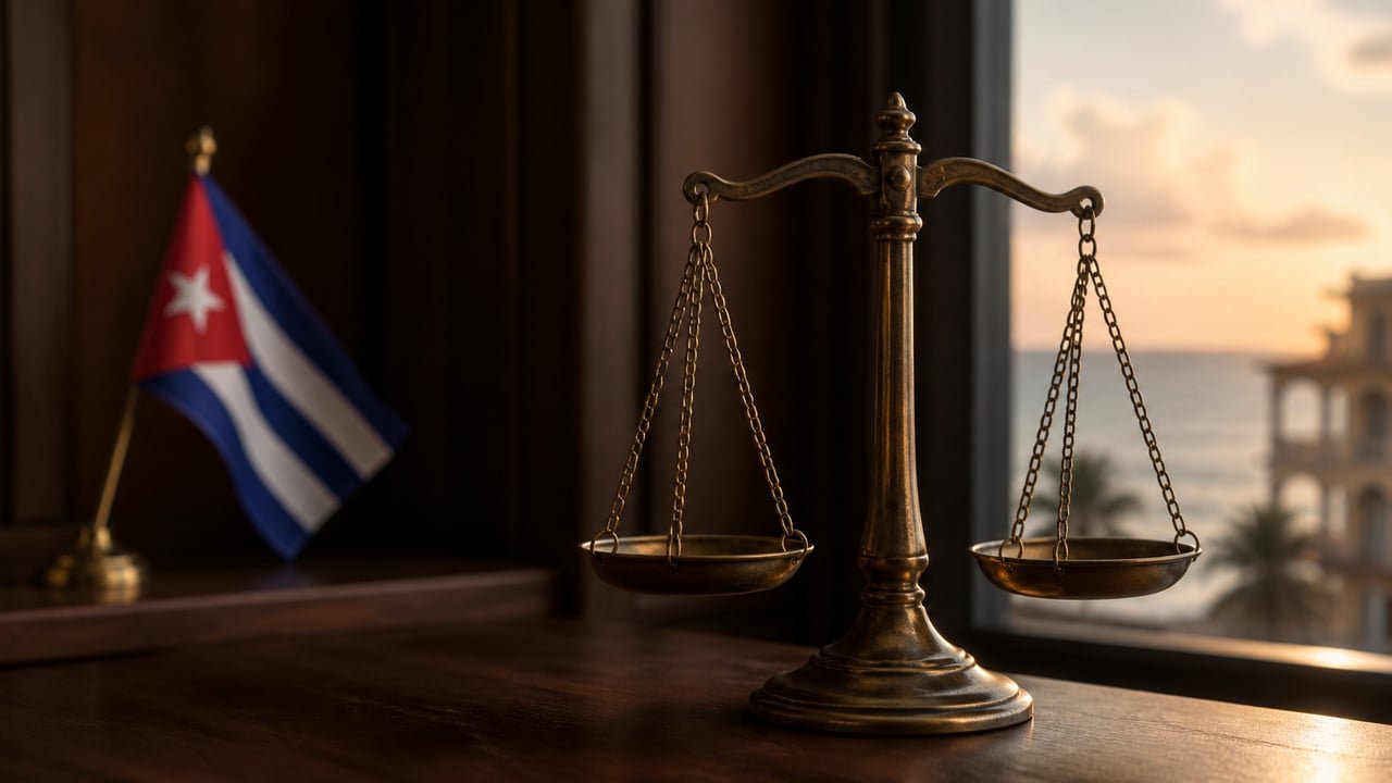 Balanza de la justicia con una bandera cubana de fondo, sobre la demanda Helms-Burton contra Expedia por bienes confiscados en Cuba