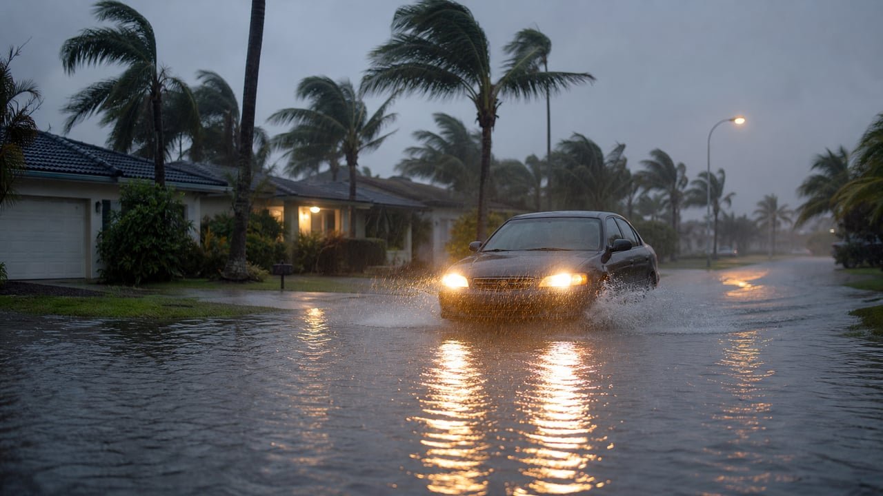 Calle inundada en el sur de Florida durante tormenta de lluvia intensa este lunes