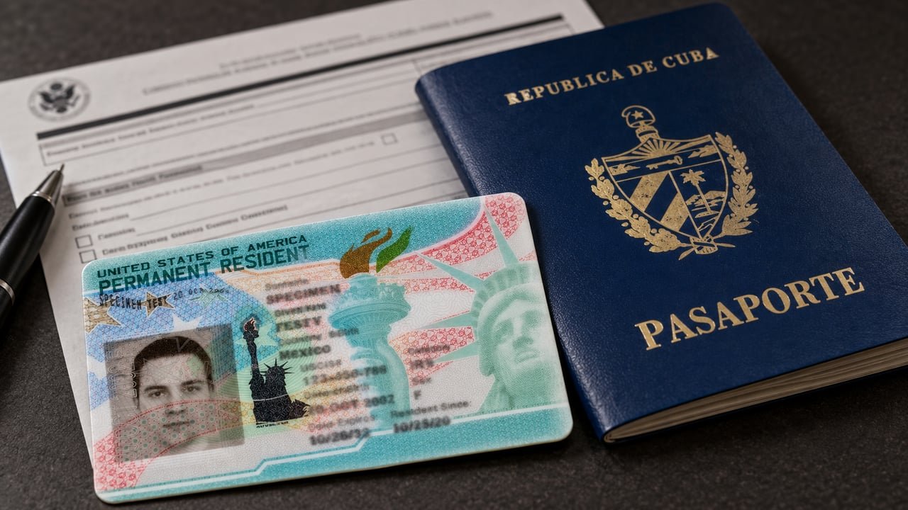 Green Card de residencia permanente junto a pasaporte cubano y formulario migratorio, ilustrando el proceso del I-220A y la Ley de Ajuste Cubano