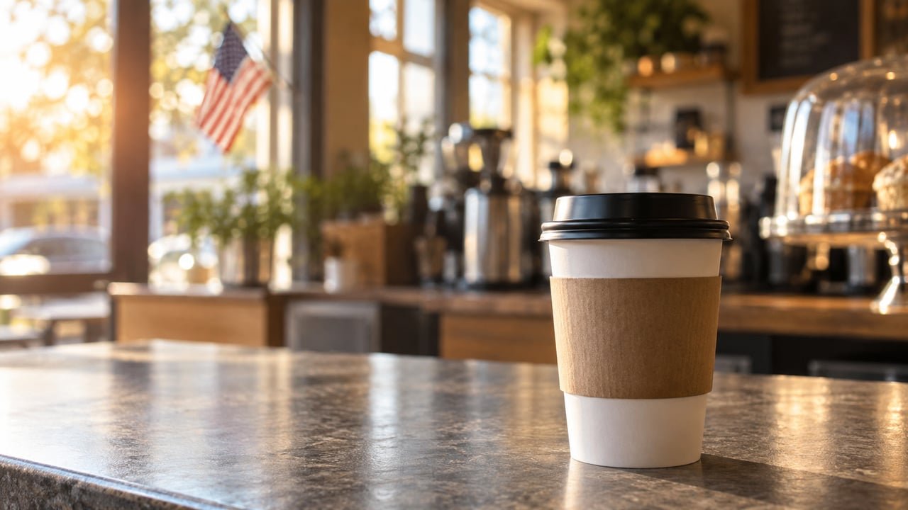 Taza de café para llevar en una cafetería de Estados Unidos por el Día Nacional del Café