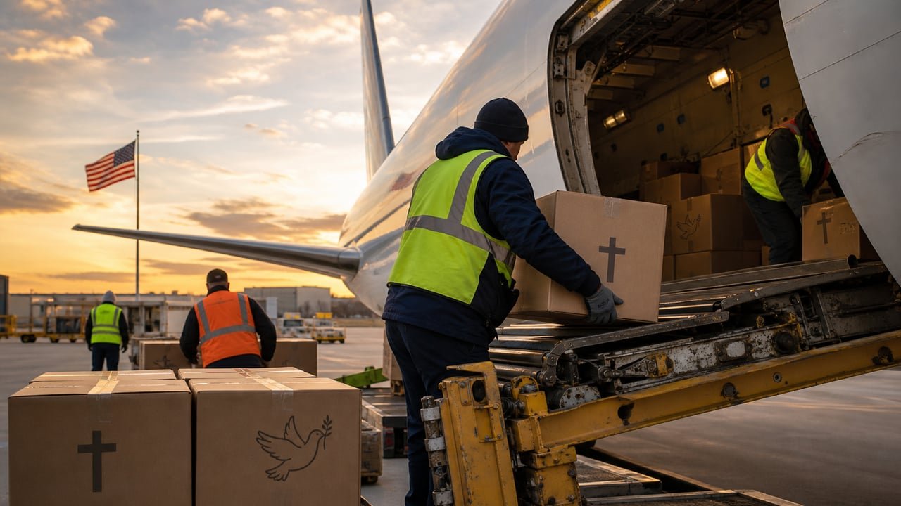 Módulos de ayuda humanitaria de Estados Unidos a Cuba cargados en un avión en el aeropuerto de Miami