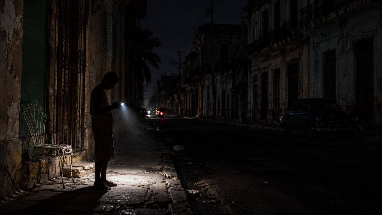 Apagón en La Habana: hombre se alumbra con el celular en una calle a oscuras