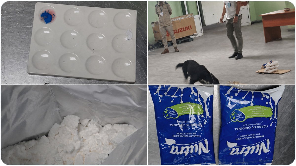 Oficial de la Aduana de Cuba con perro detector inspecciona paquetes de leche en polvo en la terminal de carga del aeropuerto José Martí, donde se decomisó cocaína