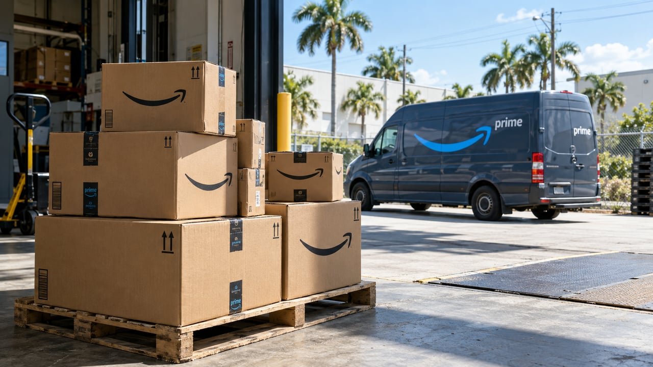 Cajas de reparto de Amazon en un almacén de importación del sur de Florida, en referencia a la demanda de Florida y la FTC contra Amazon por recargos ocultos en publicidad