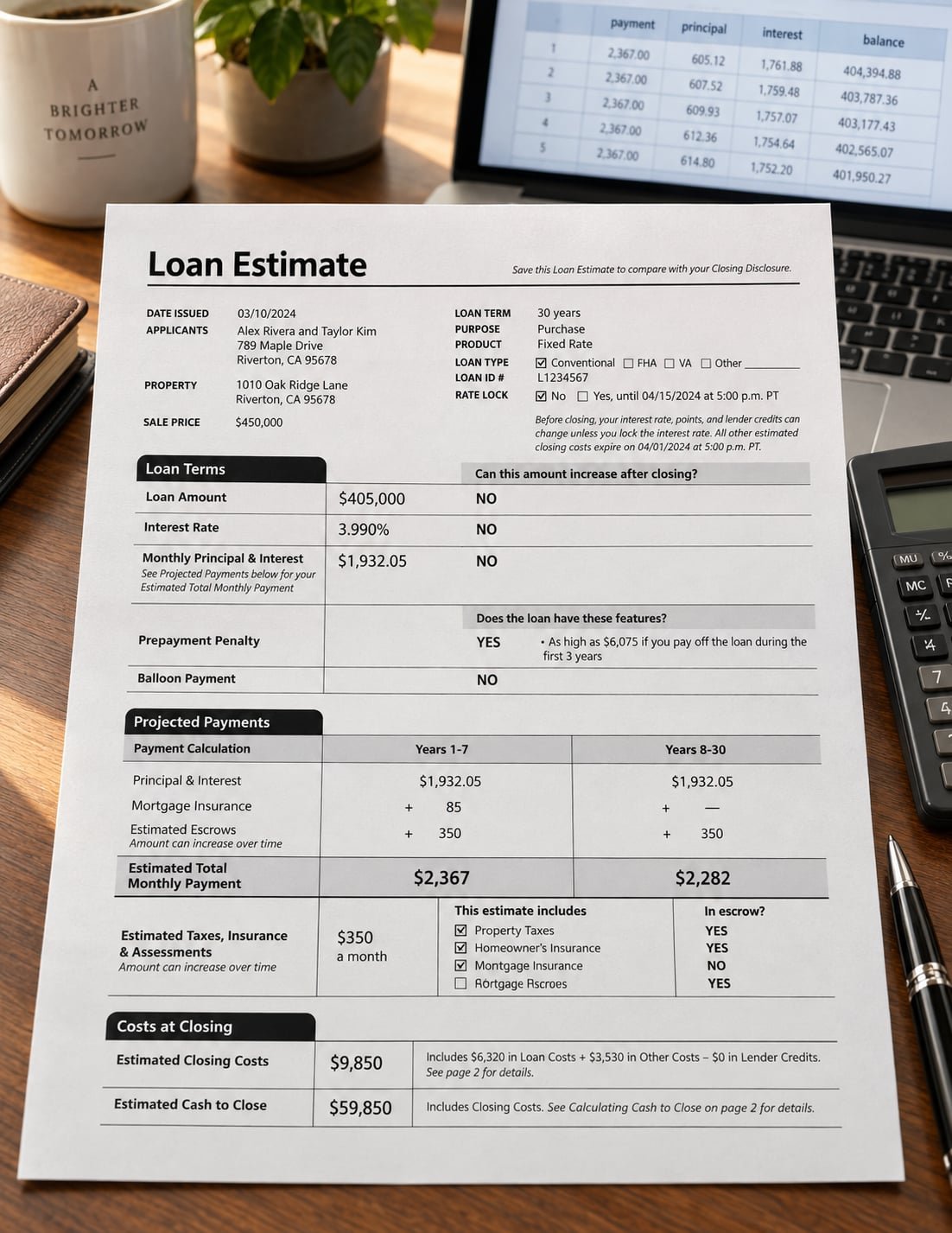 Formulario Loan Estimate del CFPB sobre un escritorio con calculadora y laptop, ilustrando el aumento de las hipotecas en EE.