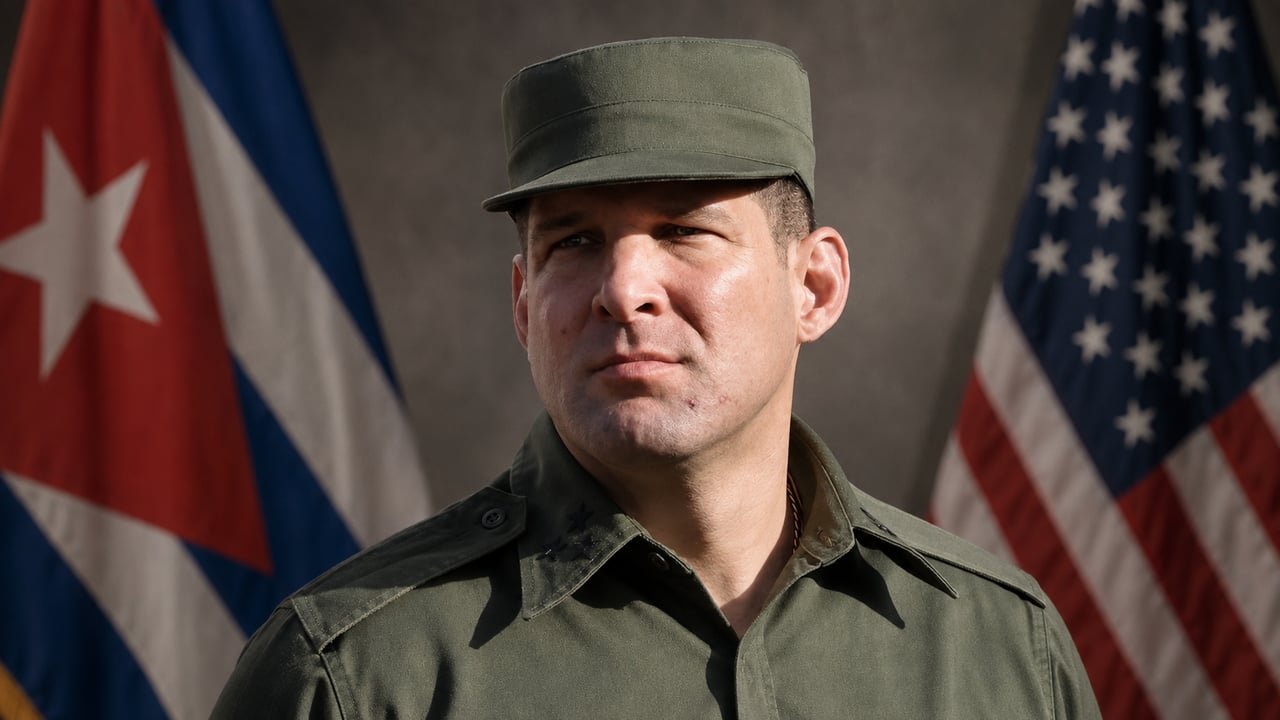 Raúl Guillermo Rodríguez Castro, El Cangrejo, ante banderas de Cuba y Estados Unidos