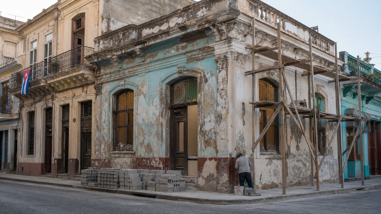 Fachada de una vivienda cubana en reparación, símbolo de la nueva Ley de la Vivienda en Cuba