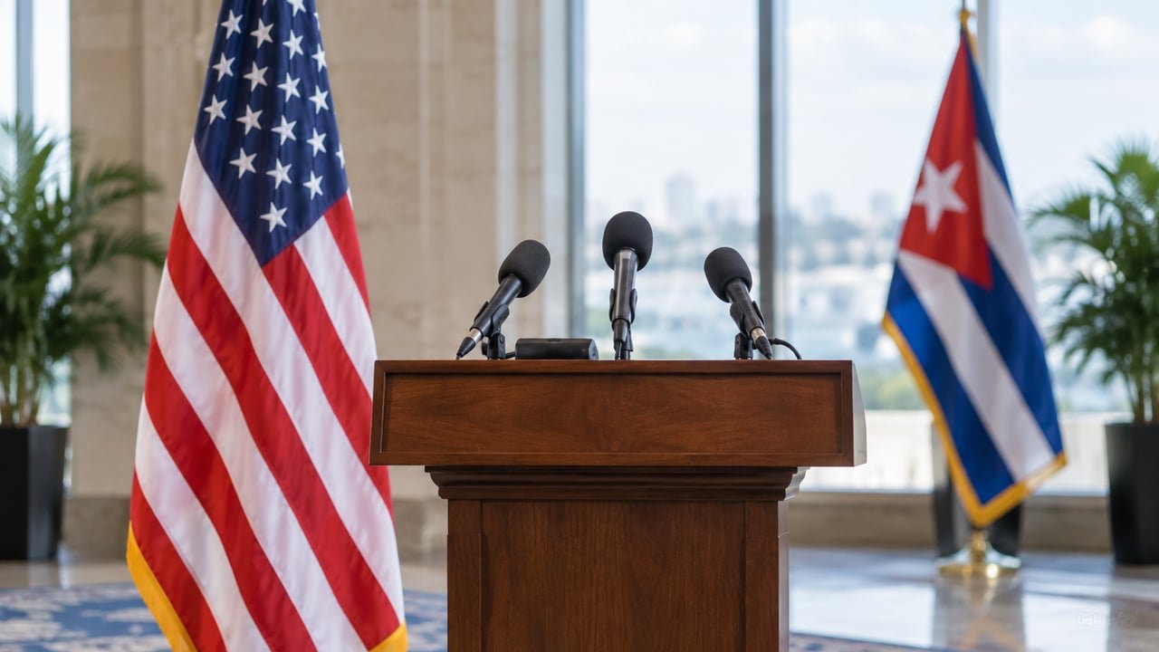 Podio de rueda de prensa con la bandera de Estados Unidos en primer plano y una bandera cubana desenfocada al fondo, ilustrando el anuncio de Rubio sobre negociar con el régimen cubano
