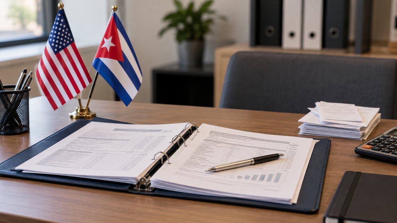 Documentos financieros para el formulario I-864 de patrocinador junto a banderas de Cuba y Estados Unidos