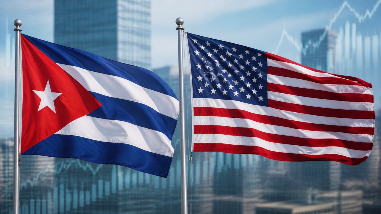 Banderas de Cuba y Estados Unidos ondeando juntas simbolizando la tensión diplomática por el caso GAESA