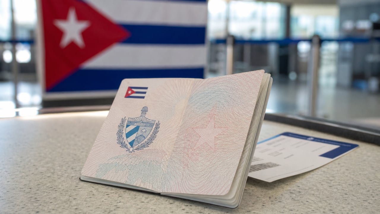 Pasaporte cubano y tarjeta de embarque sobre un mostrador de aeropuerto con la bandera de Cuba de fondo, símbolo de la nueva ley de migración cubana