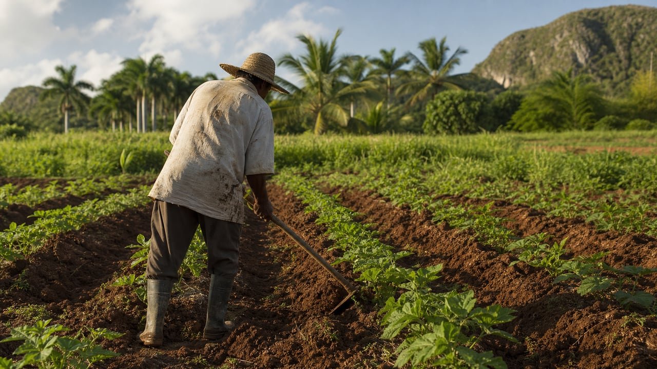 Agricultor trabajando la tierra en un campo de Cuba, símbolo de la reforma del usufructo agrícola