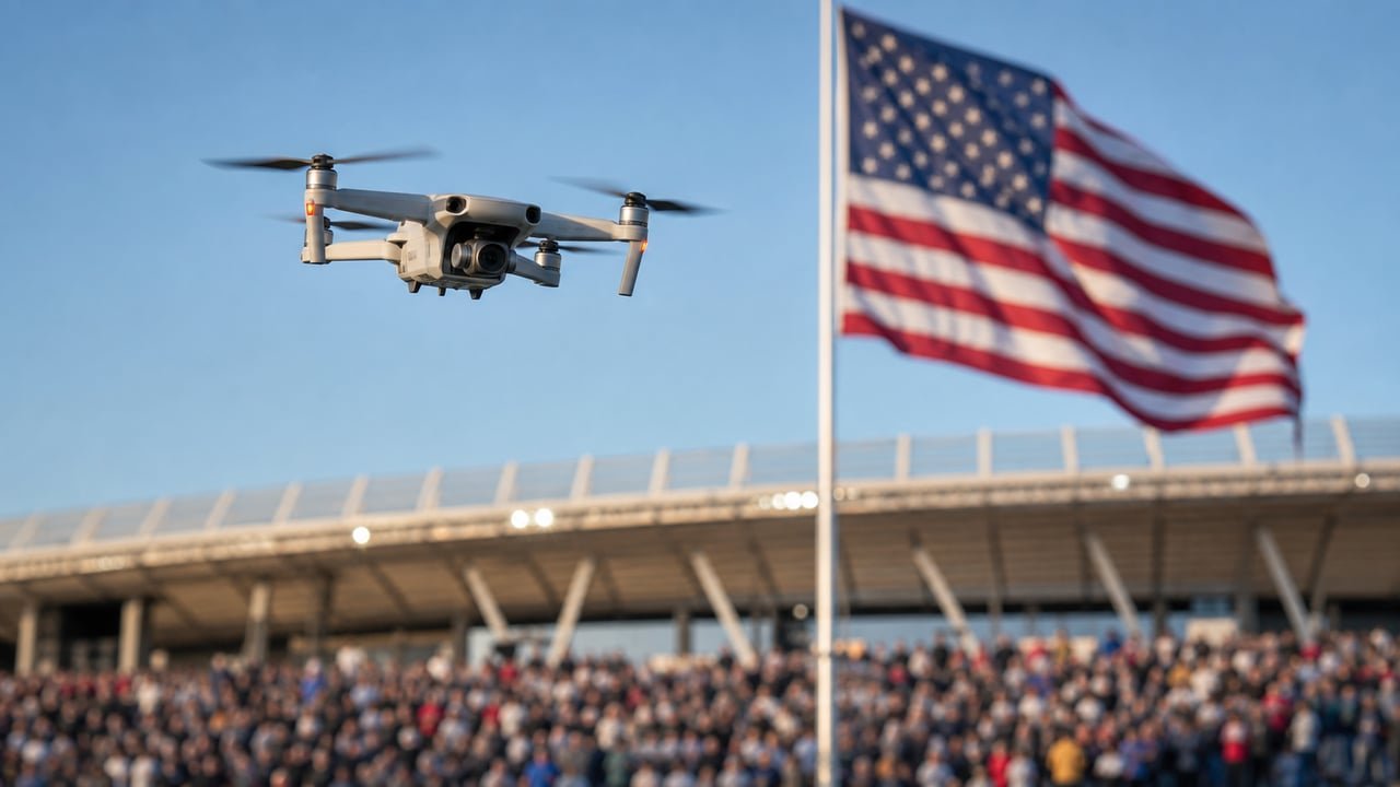 Un dron volando cerca de un estadio de fútbol en Estados Unidos durante el Mundial 2026, con la bandera estadounidense de fondo