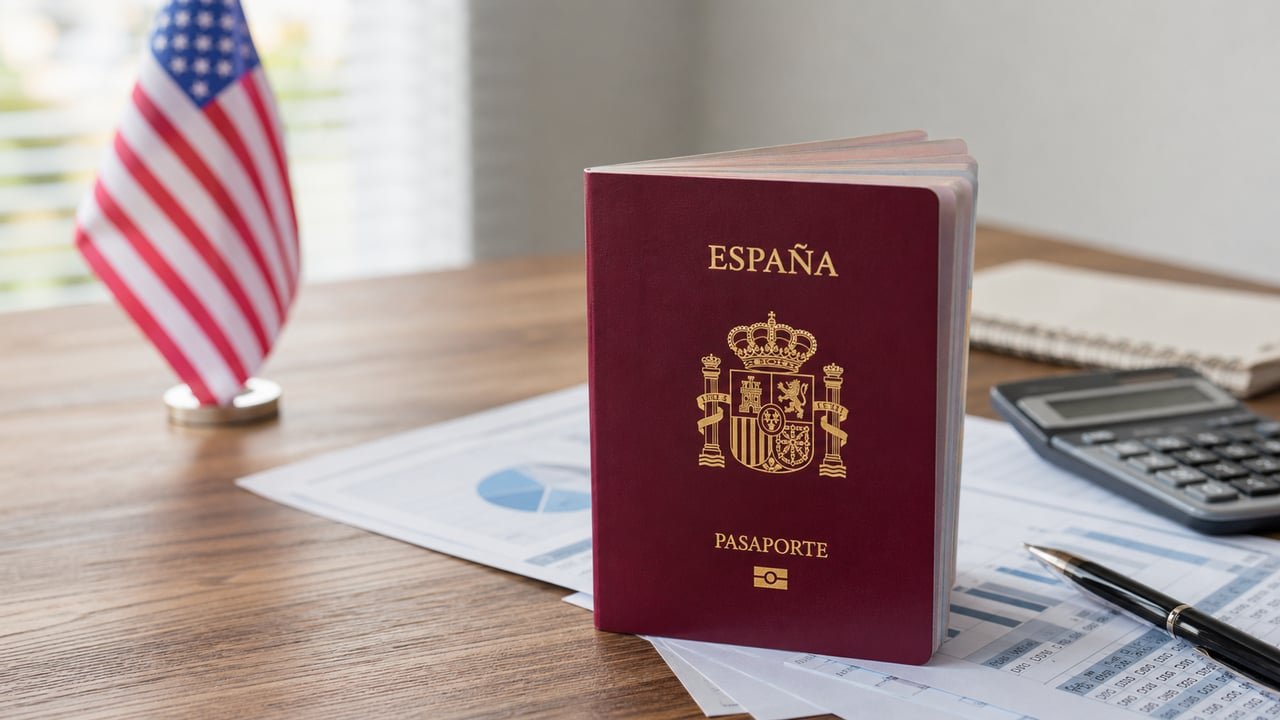 Pasaporte español junto a documentos de inversión, en referencia a la visa E-2 para cubanos con nacionalidad española