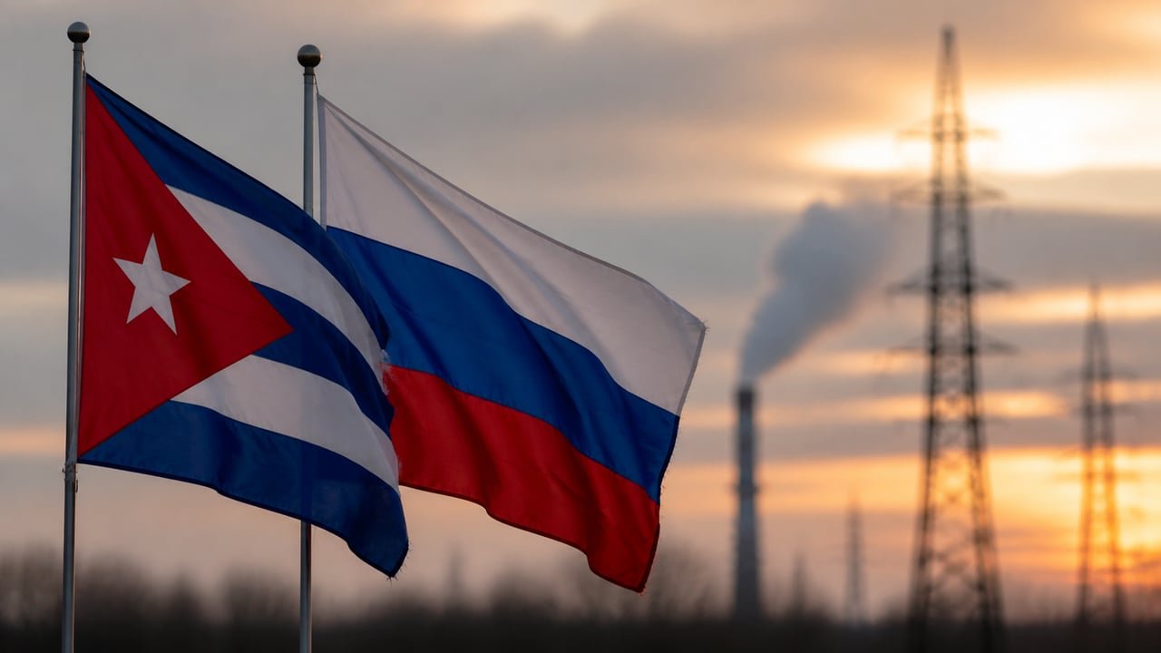 Banderas de Cuba y Rusia con una vía férrea y una torre eléctrica de fondo, símbolo de la cooperación ferroviaria y energética entre ambos países