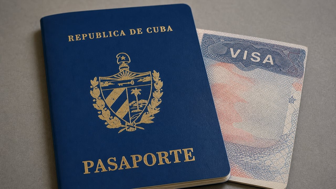 Pasaporte cubano junto a una visa estadounidense, símbolo de la revocación masiva de visas a cubanos