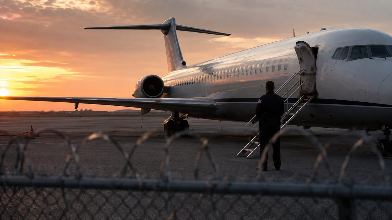 Avión de deportación de Estados Unidos en la pista al atardecer, sobre la deportación de cubanos a terceros países