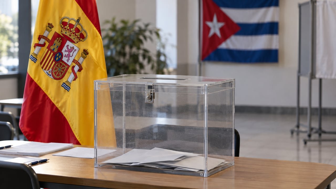 Urna electoral con bandera de España y bandera cubana, símbolo del voto de los cubanos nacionalizados por la Ley de Nietos